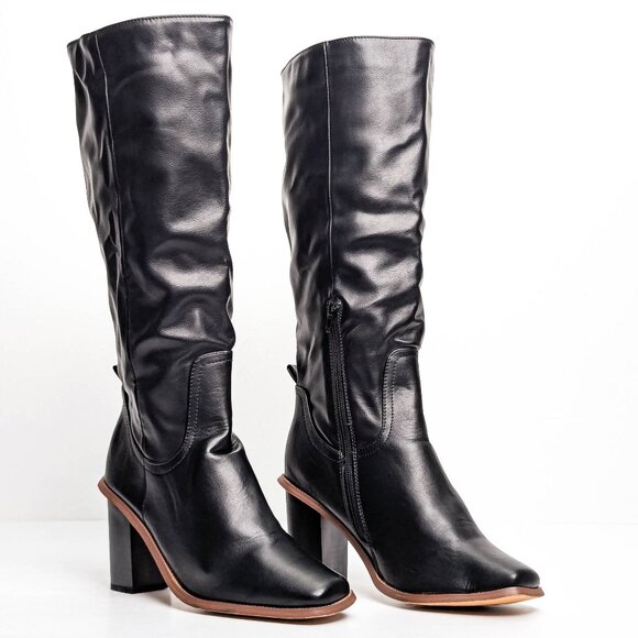 French Connection Women Black Vegan Leather Stretch Heel Round Toe Tall Boots 10 - Picture 1 of 9